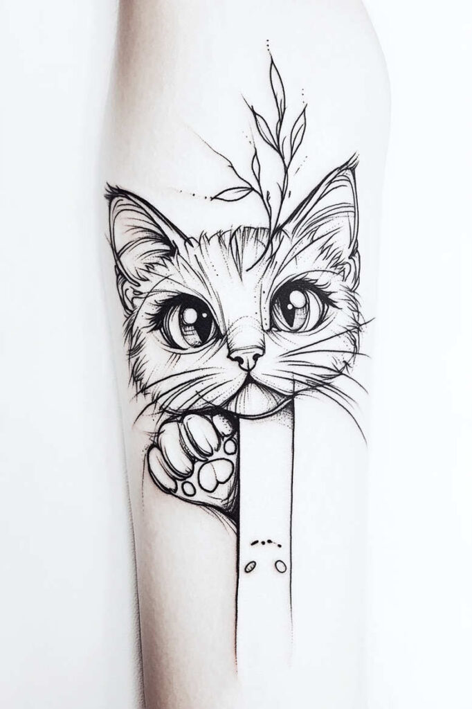 Cat in black-and-grey linework clings to a vertical pencil; leaves sprout above its head; tattoo design concept for a playful, fine-line piece; not ideal for cover-up.