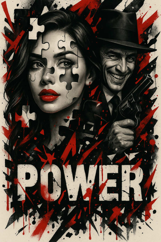 Black and grey tattoo concept: woman with puzzle-piece mask beside a smiling man in a hat, gun in hand, red splashes, and POWER; AI-generated project; suitable for cover-up.