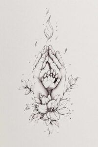 Black and grey fine-line tattoo idea: praying hands cradle a baby's foot, surrounded by magnolia blossoms and leaves, with a small flame above; suitable as a tattoo project.