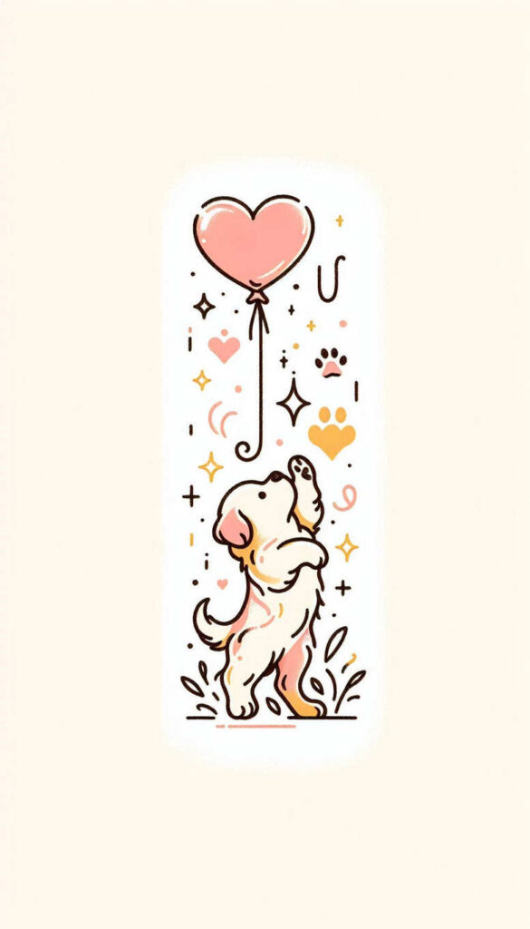 Dog with pink heart-shaped balloon on a string, surrounded by paw prints, stars, hearts, and sparkles in pastel colors; full-color drawing; project idea; not ideal for cover-up.