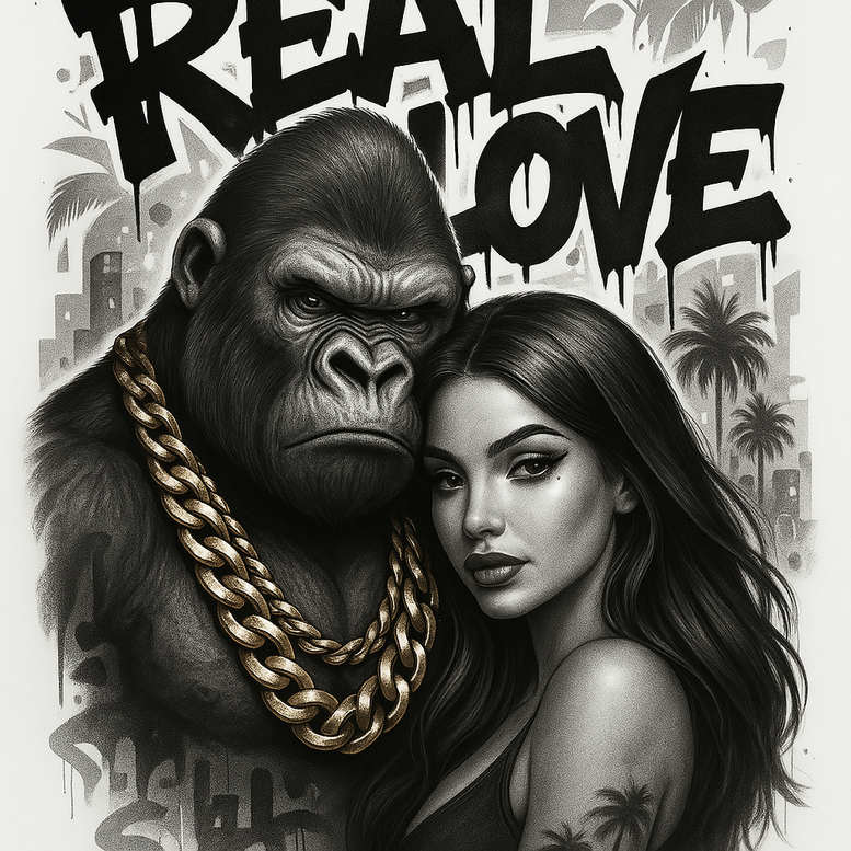 Gorilla and woman portrait in black and grey, with a gold chain necklace and graffiti backdrop; AI-generated tattoo project; cover-up capable.