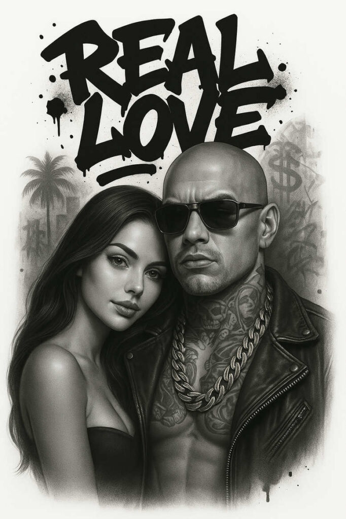 Woman and man in black-and-grey tattoo project with cover-up potential; he wears sunglasses and a leather jacket, with chains and chest tattoos; backdrop shows graffiti and palm trees.
