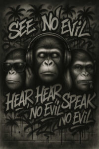 Three black and grey apes: center with headphones, left with sunglasses, right with zipper mouth; graffiti See No Evil text above; cover-up ready tattoo design.