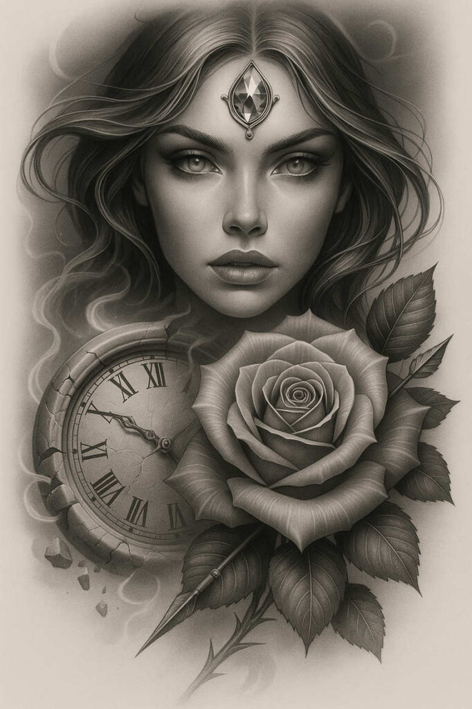 Face of a woman in black and grey with a jeweled forehead, rose, clock, dagger, and leaves; black and grey; project; perfect for cover-up.
