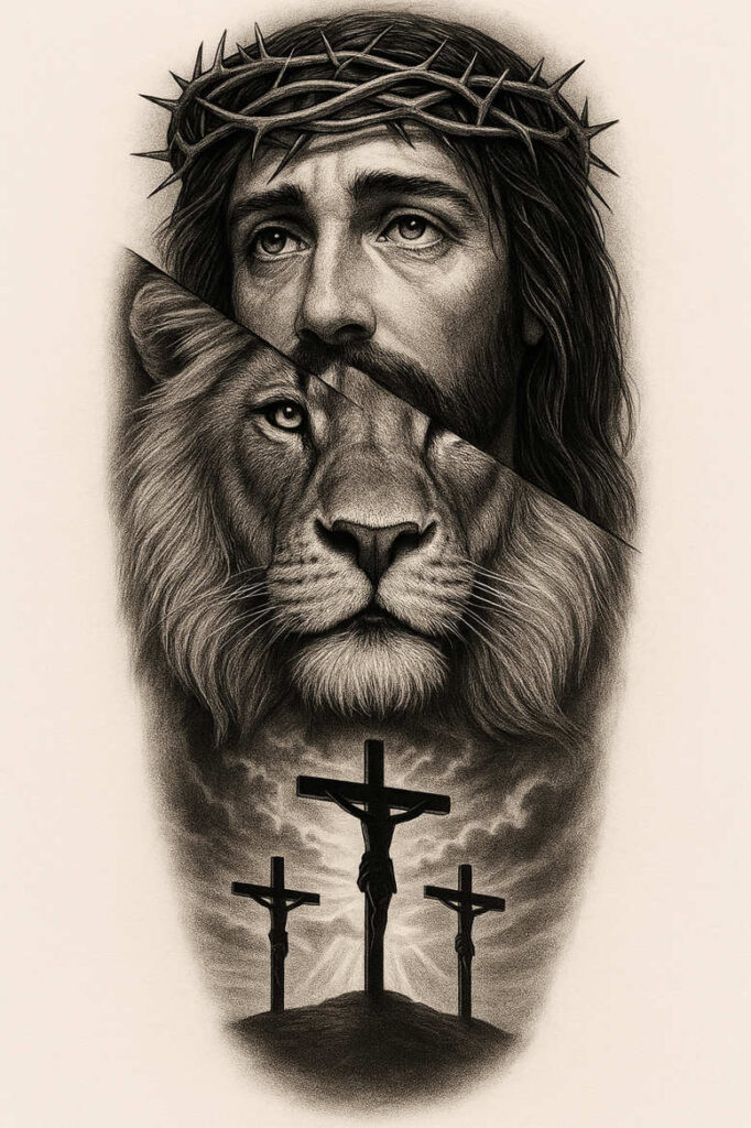 Jesus portrait and lion in black and grey with crown of thorns and three crosses on a hill; AI-generated tattoo project; cover-up-ready.