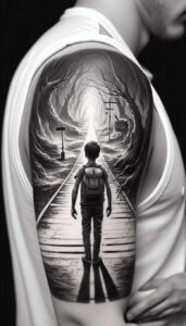 Boy with backpack on a train track entering a shadowy tunnel of trees—pattern of intertwining branches; signpost, light ahead; black and grey, AI-generated tattoo project, cover-up ready.