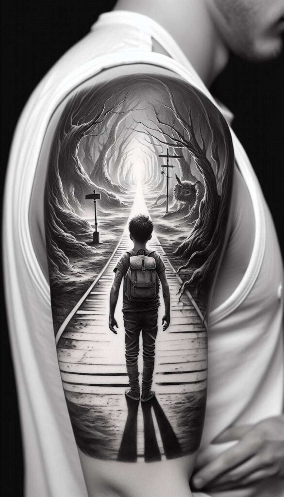 Boy with backpack on a train track entering a shadowy tunnel of trees—pattern of intertwining branches; signpost, light ahead; black and grey, AI-generated tattoo project, cover-up ready.