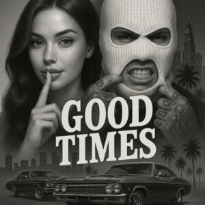 Woman and masked man in black and grey grayscale, cityscape backdrop; tattoo project idea, cover-up suitable.