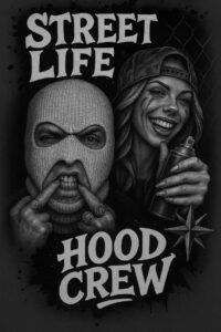 Black and grey tattoo concept: masked man and smiling woman with spray can; project idea, cover-up-ready.