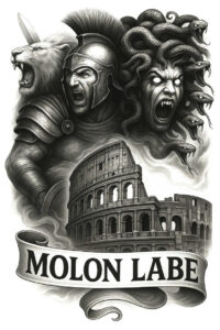 Black and grey tattoo design featuring a Roman soldier wearing a helmet, roaring lion, Medusa-like serpents, and the Colosseum banner; a project suitable for cover-up.