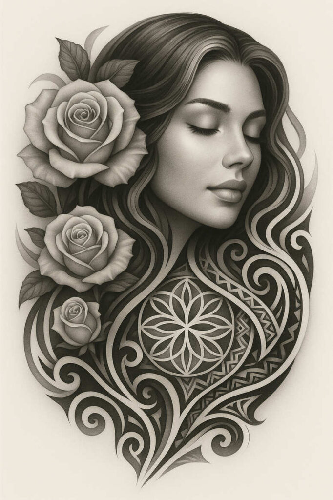 Woman, rose, leaf, hair, and geometric pattern; black and grey; tattoo project; cover-up suitable.