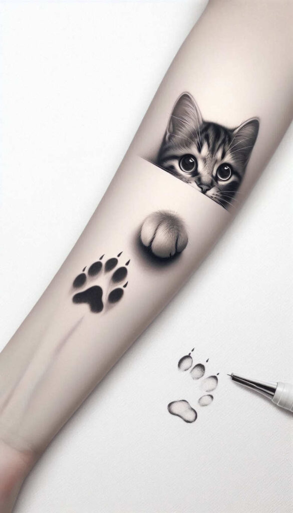 Cat, paw print, fur ball; black and grey; project, not cover-up.