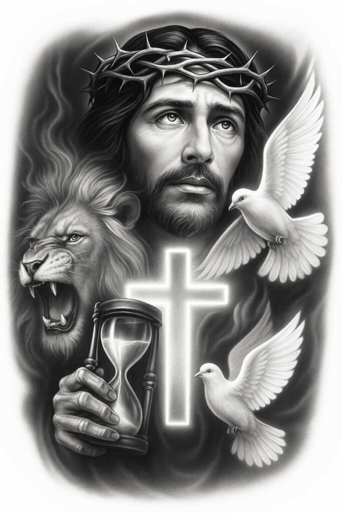 Black and grey tattoo study of a bearded portrait with crown of thorns, cross, dove, and chalice; AI-generated tattoo project; suitable for cover-up.