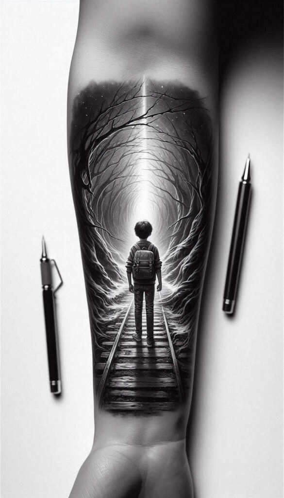 Black and grey tattoo project featuring a boy with backpack on railroad track inside a dark forest tunnel; suitable for cover-up.