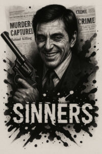 Black and grey portrait of a smiling man in a suit holding a revolver, with ink splatter background and newspaper clippings; tattoo design idea; cover-up suitable.