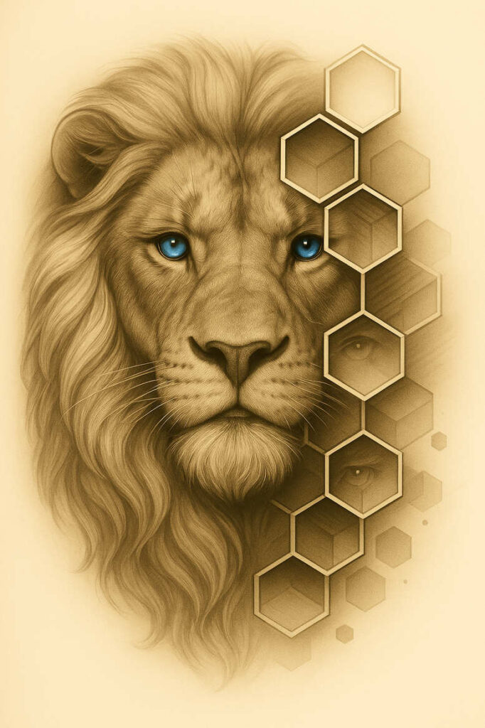 Lion head in black and grey with blue eyes, right-side hexagon pattern; tattoo project idea; not ideal for cover-up.