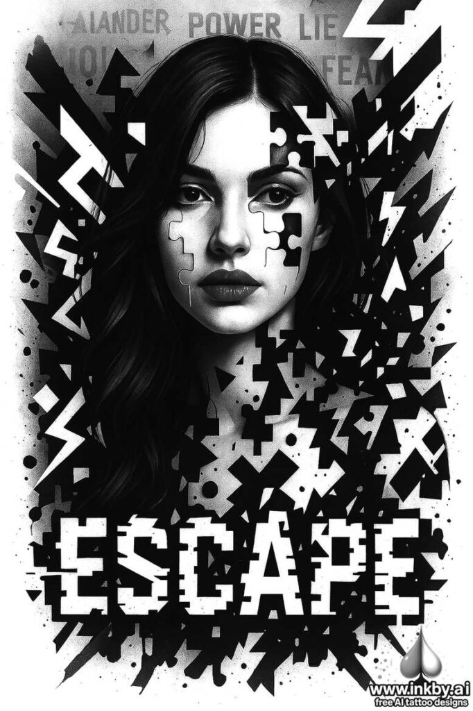 Face in grayscale with puzzle pieces overlay; black and grey; AI-generated tattoo project; suitable for a cover-up.