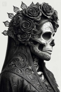 Skull in black and grey with a rose crown and an ornate cloak; AI-generated tattoo project, showing skull, roses, crown, and cloak; cover-up suitable.