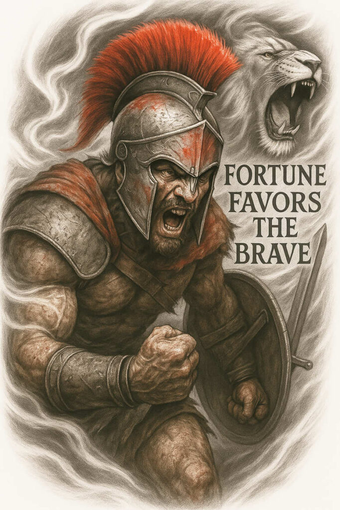 Warrior wearing a metal helmet with red plume and round shield, lion in background; sepia tones with red accent; AI-generated tattoo project, suitable for a cover-up.