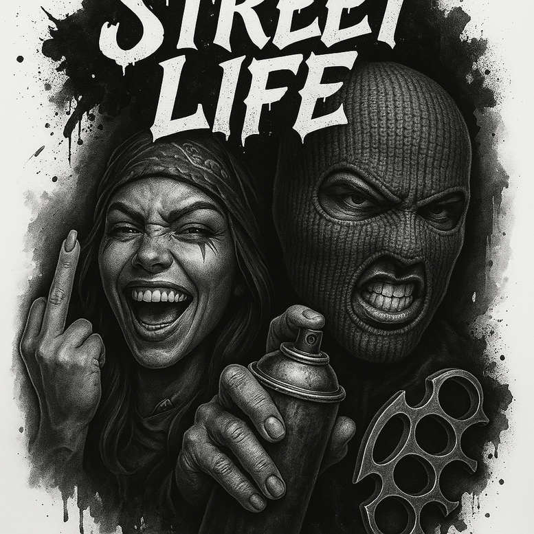 Two people in black-and-grey tones: woman smiling, balaclava-wearing man, foreground spray can and brass knuckles; cover-up tattoo project.