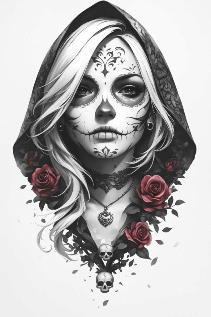 Face with hood and flowing hair, rose blossoms, necklace with pendant, and skulls in black and grey; AI-generated tattoo project, cover-up-ready.