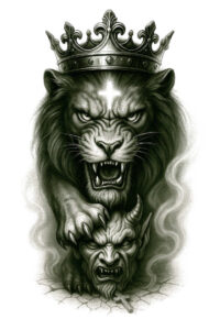 Black and grey: crowned lion snarling over a demon head, cross on cracked ground; AI-generated tattoo project, ideal cover-up.