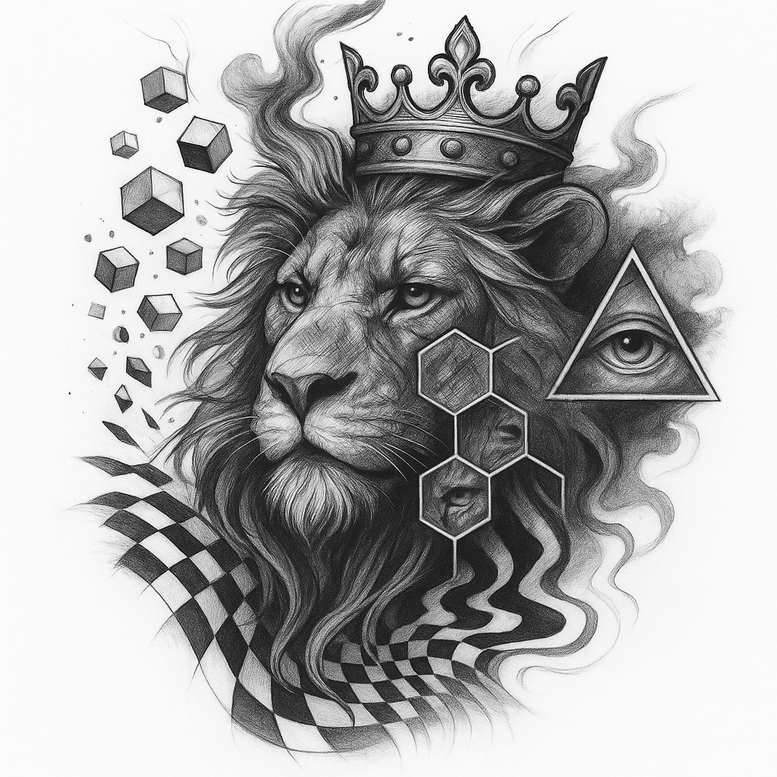 Black and grey illustration of a lion wearing a crown, with geometric shapes (triangle, hexagons) and floating cubes plus a checkered pattern; a tattoo project ideal for a cover-up.