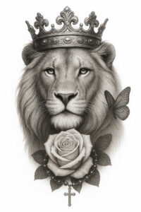 Black and grey tattoo design: regal lion with crown, rose, rosary beads with cross, and butterfly; a cover-up-ready project.