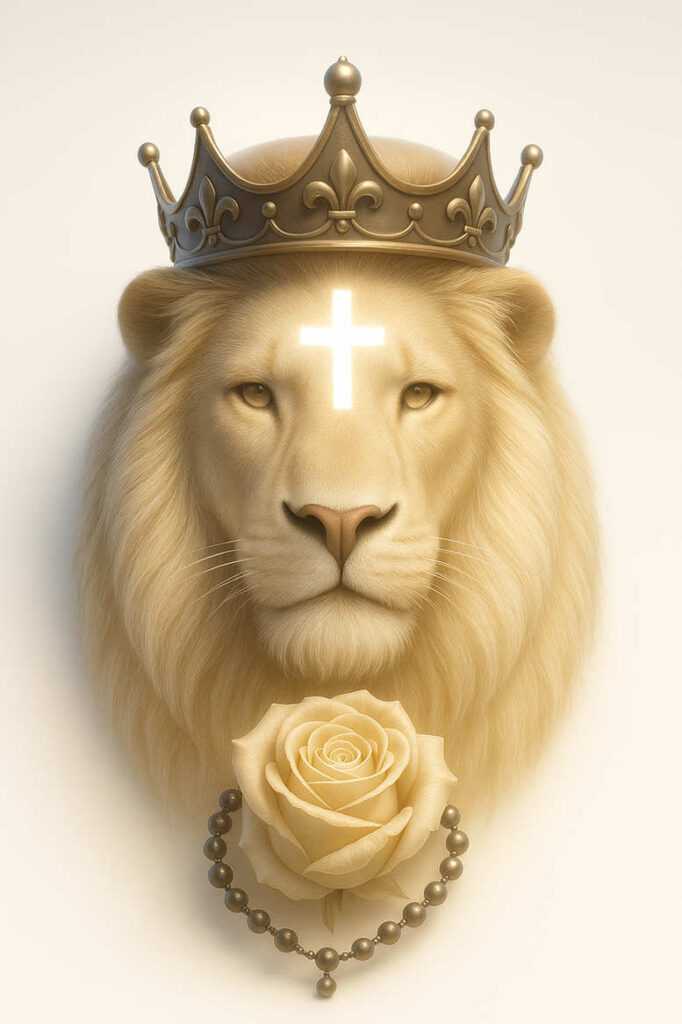 Lion head wearing a crown with a glowing cross on the forehead, a rose pendant, and a beaded necklace; color image; tattoo project idea; not suitable for cover-up.