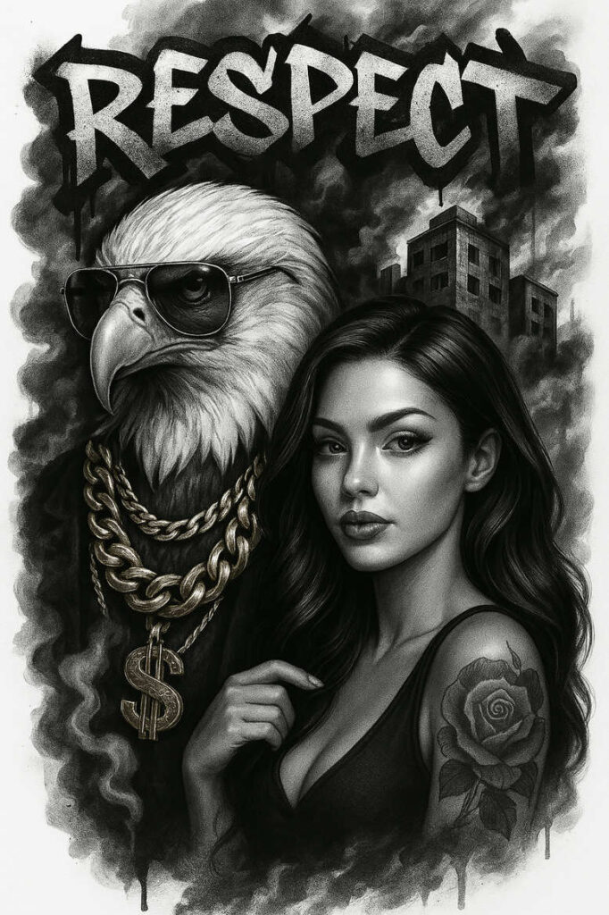 Black and grey tattoo design: woman portrait beside eagle with sunglasses, gold chain, dollar pendant, rose tattoo on arm, smoky cityscape and RESPECT text. AI-generated cover-up.