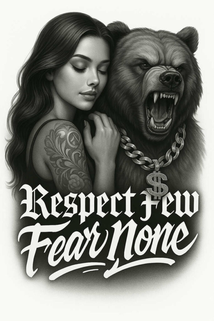 Black-and-grey scene: a woman with a floral shoulder tattoo beside a snarling bear wearing a chain and dollar pendant; AI-generated tattoo project concept; not for cover-up.