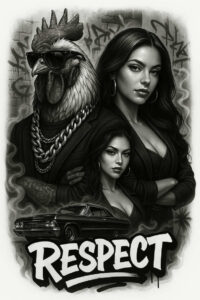 Project idea: black and grey tattoo featuring a rooster head with sunglasses, two women, a vintage car, graffiti backdrop, and 'RESPECT' text.