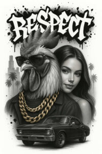 Rooster with black-and-grey shading wearing sunglasses beside a woman, car, chain, graffiti RESPECT, cityscape and palm tree; AI-generated tattoo project; suitable for cover-up.
