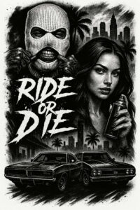 Mask, woman with spray can, two black-and-grey cars, palm trees, and a city skyline; AI-generated tattoo project; suitable for a cover-up.
