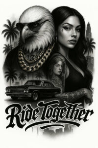 Black and grey tattoo collage featuring an eagle with sunglasses and a thick gold chain, a tattooed woman, a vintage car, and a cityscape backdrop; AI-generated tattoo project; suitable for cover-up.