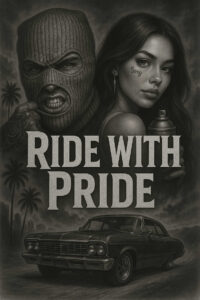 Black and grey tattoo concept featuring a masked man, a woman with a 'Sorry' tattoo, spray can, vintage car, and palm trees; AI-generated tattoo project; ideal for cover-up.