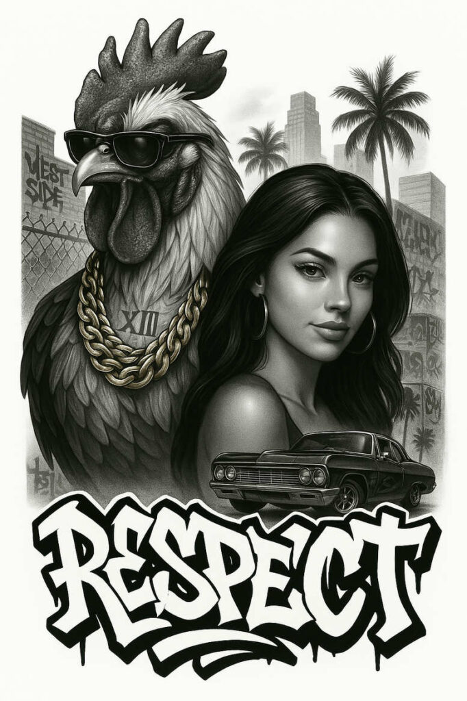 Black and grey tattoo project featuring a rooster wearing sunglasses with a thick gold chain beside a woman, a vintage car, graffiti 'RESPECT', and a cityscape with palm trees; not specifically a cover-up.