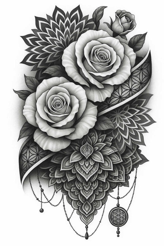 Two grey-scale roses with leaves around a geometric mandala pattern, with a dangling chain and pendant; black and grey tattoo design; AI-generated cover-up idea.