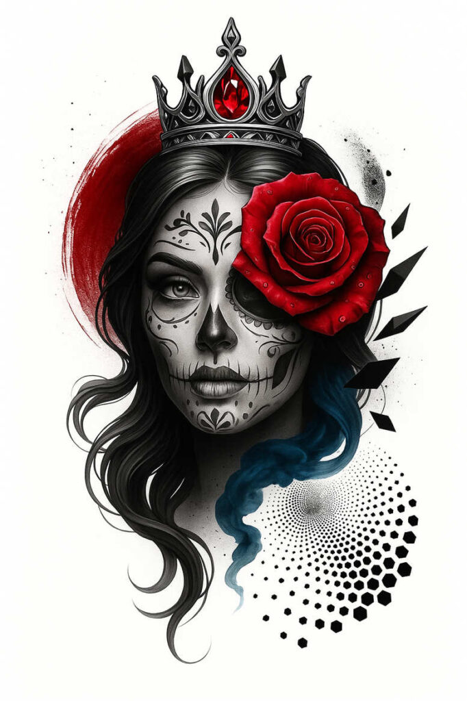 Portrait of a woman with crown, sugar skull makeup in black and grey; red rose, blue smoke; tattoo design project; cover-up not ideal; pattern elements.