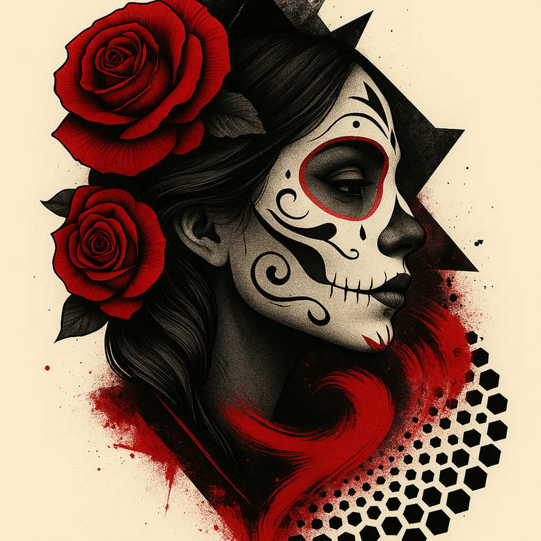 Portrait of a woman's face in black-and-grey shading with red accents, roses, hair, and a hex pattern; tattoo project, cover-up suitable.