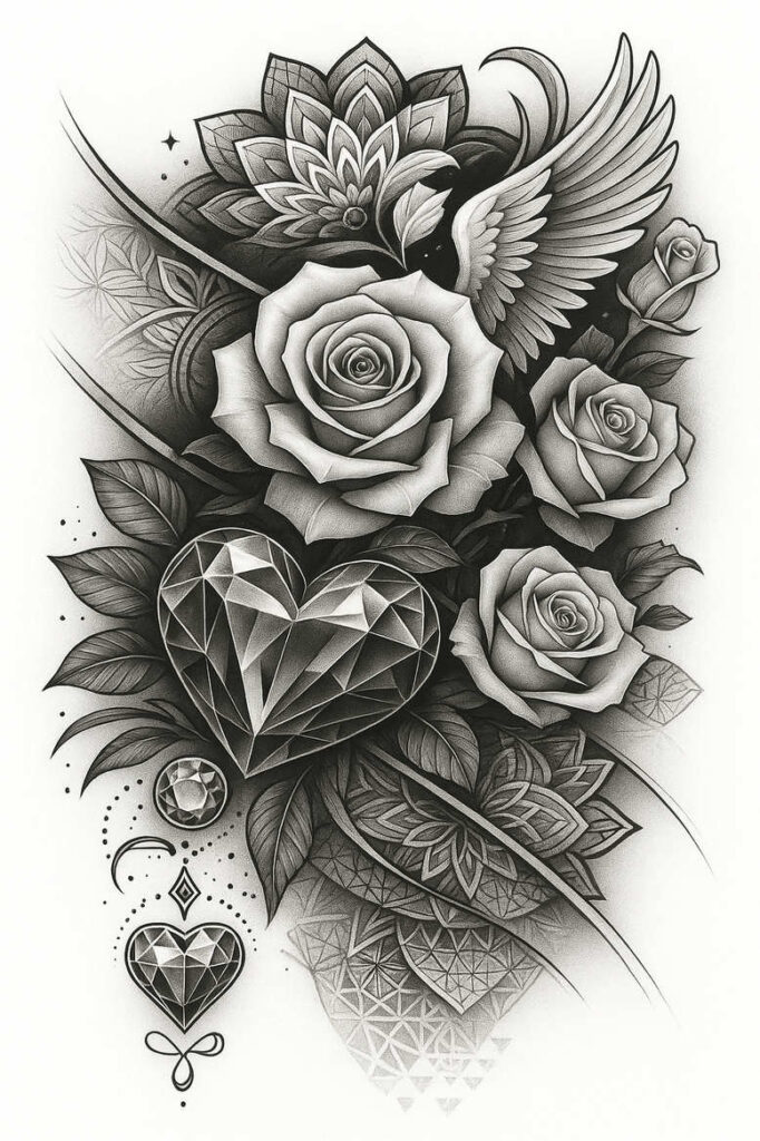 Rose tattoo design with wing, geometric heart gem, and leaves in black and grey; project idea; cover-up ready.