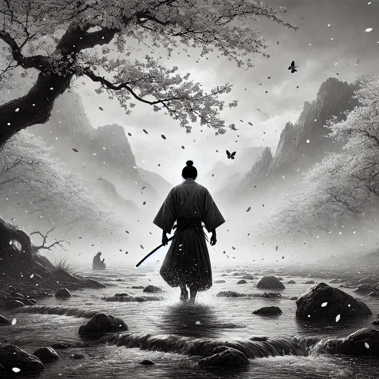 Samurai, sword, black-and-grey landscape: wading through water among rocks and trees with distant mountains, falling petals, and butterflies; tattoo project idea, perfect for cover-up.