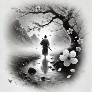 Samurai silhouette walking along a misty river beside a gnarled tree with white blossoms; black and grey tattoo design concept, not a cover-up.