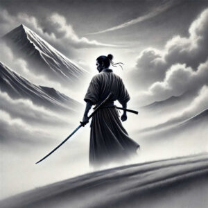 Black and grey: visible elements are samurai, sword, mountain, mist; a tattoo idea; cover-up suitable.