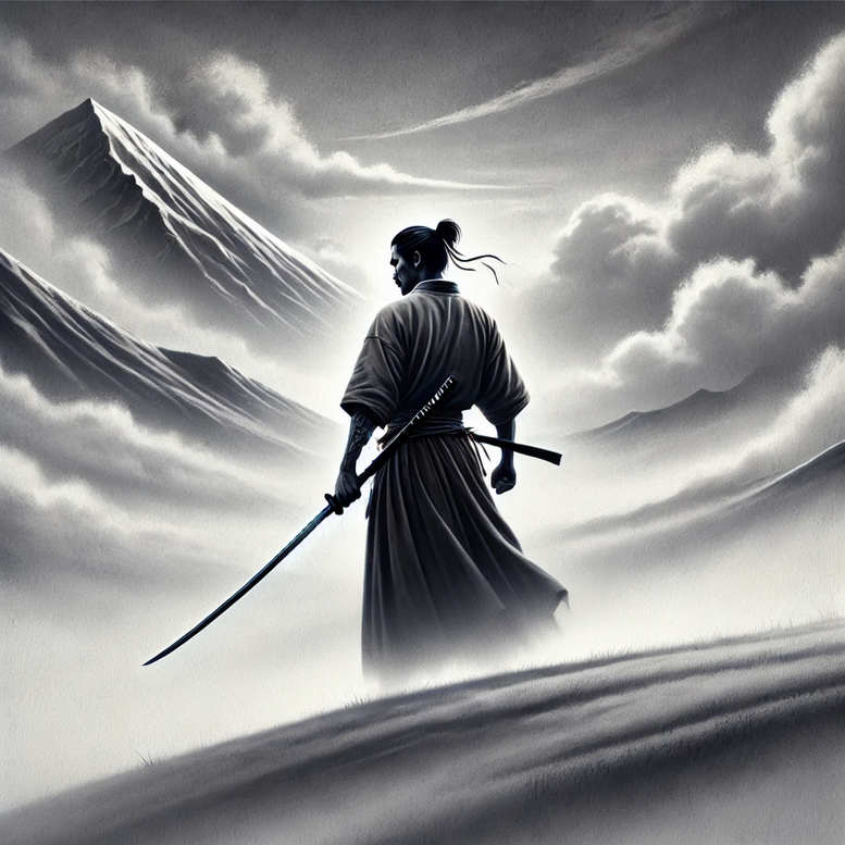 Black and grey: visible elements are samurai, sword, mountain, mist; a tattoo idea; cover-up suitable.
