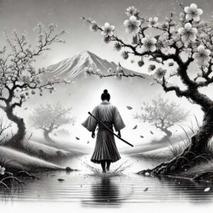Black and grey scene with a samurai figure holding a sword standing in water, cherry blossom trees, and a distant mountain; AI-generated tattoo project; suitable for cover-up.