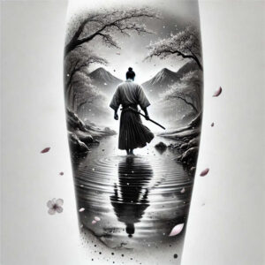 Samurai in grayscale standing in water with mountains, trees, and petals; black and grey tattoo project, cover-up suitable.