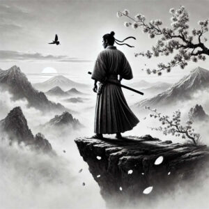 Samurai on a cliff with a sheathed katana, in black and grey; branch with blossoms, sun, mountains, mist, and a bird in flight.