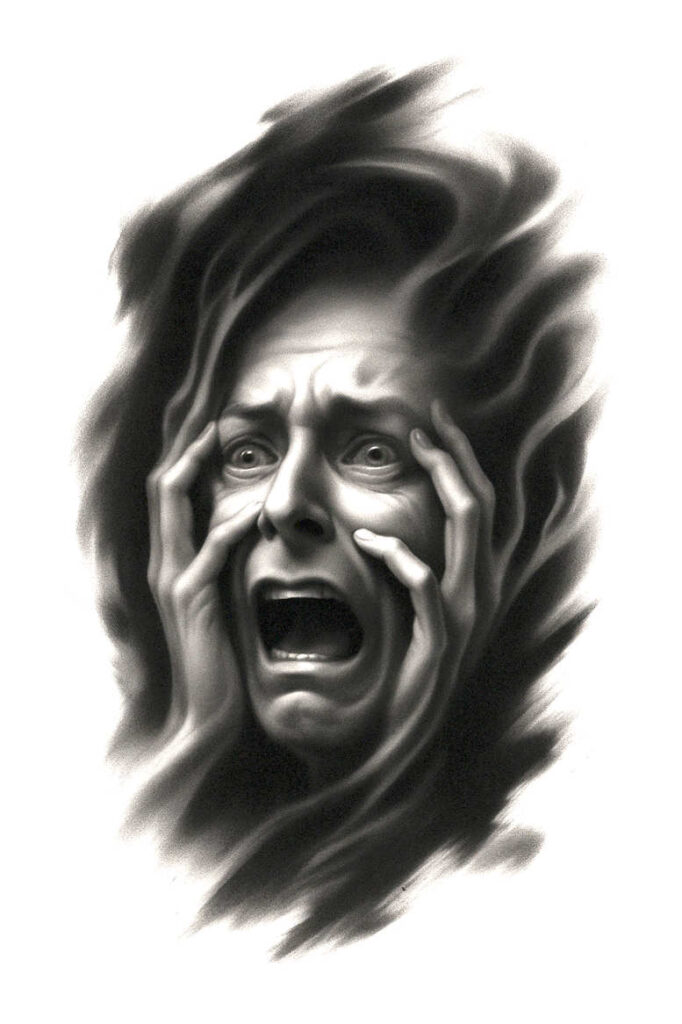 Black and grey grayscale portrait of a screaming face framed by hands, AI-generated tattoo project; cover-up ready.