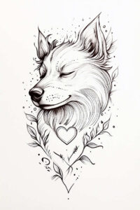 Fox head in black and grey linework with a heart on the chest, surrounded by leaves and branches; AI-generated tattoo project concept.